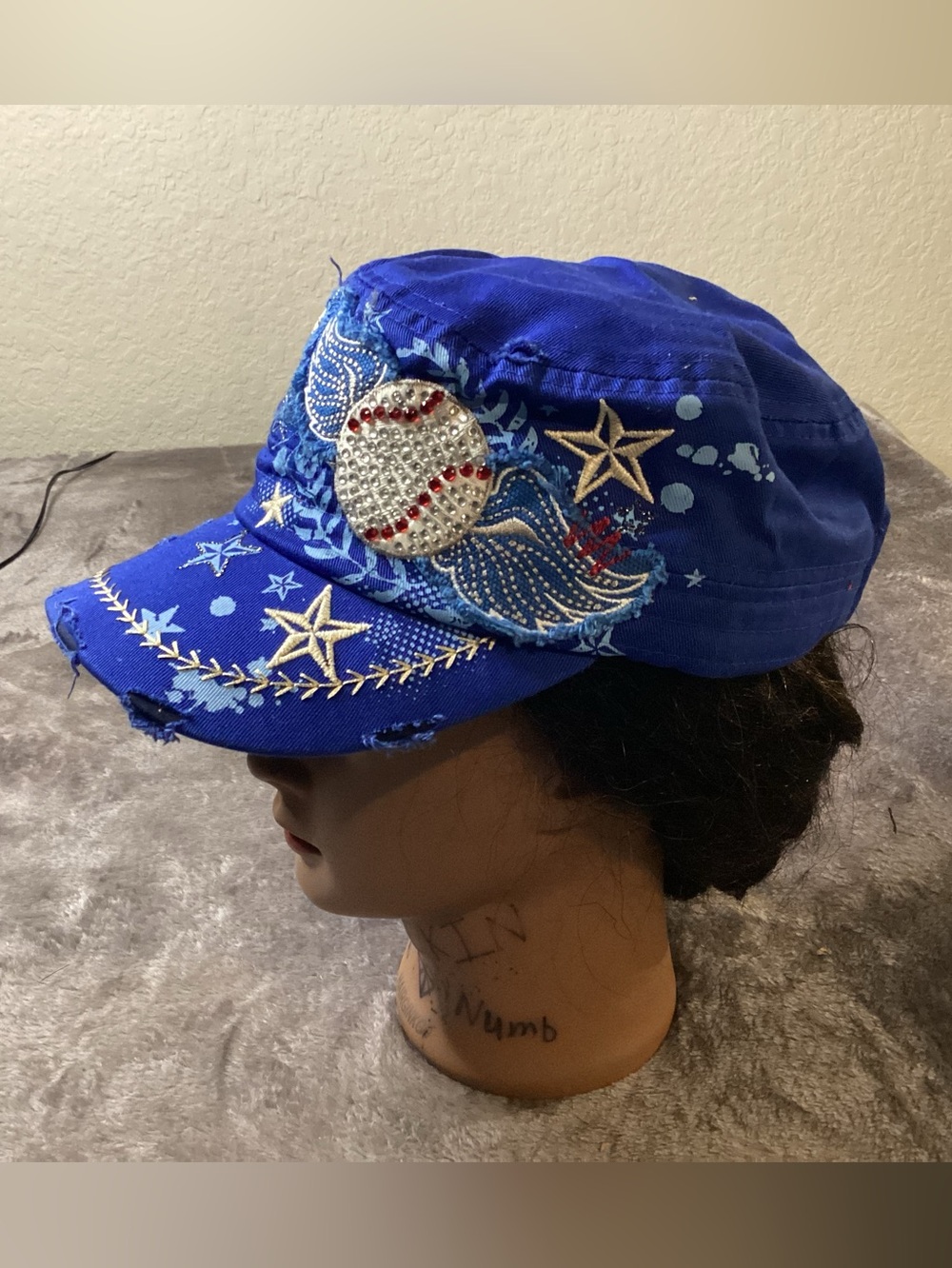 Embellished Blue Baseball Cap with Rhinestone Baseball & Stars